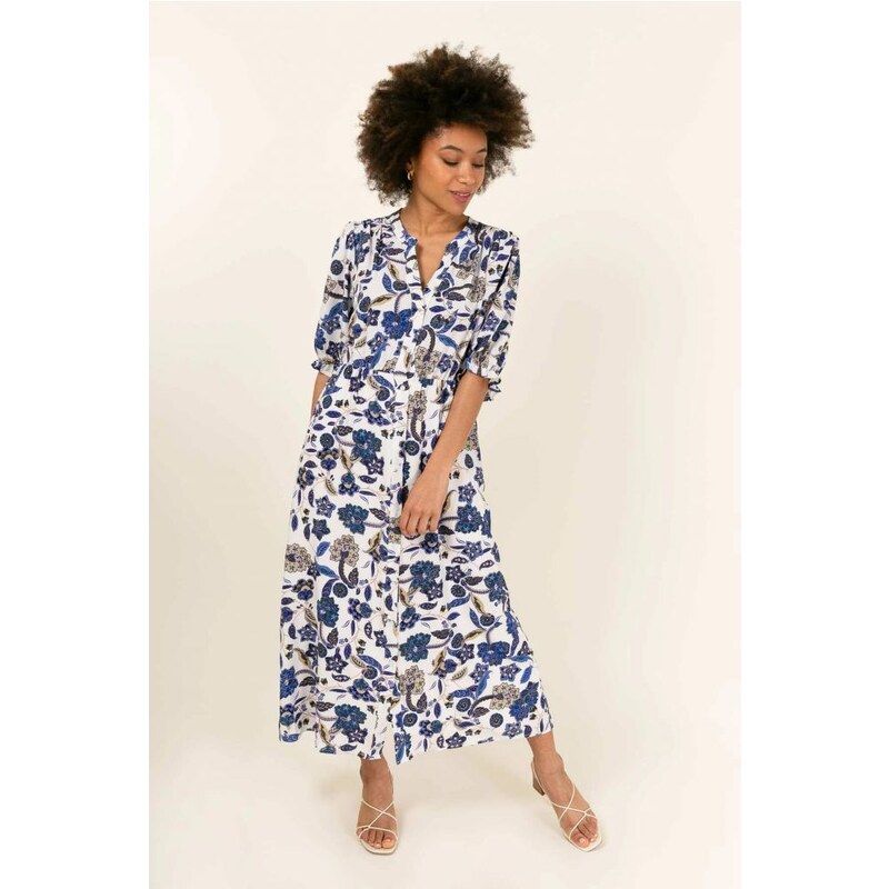CHERRY PARIS Biele midi šaty Whitney s modrou potlačou 31778772
