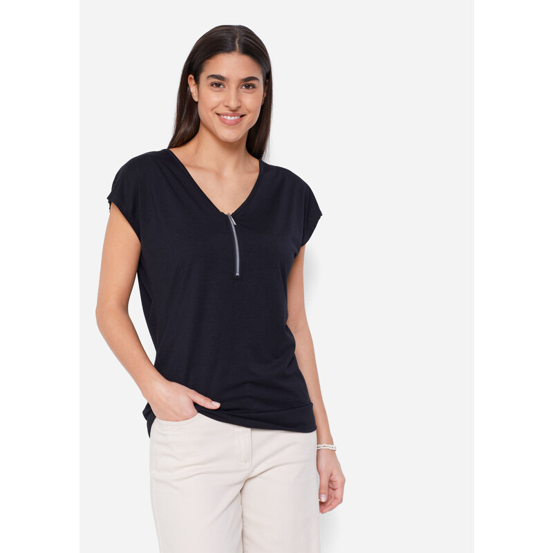 bonprix Tričko so zipsom, krátky rukáv, farba čierna 44891780