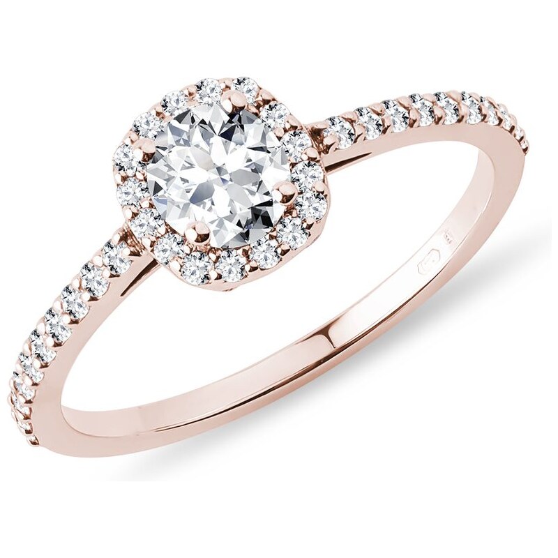Diamantový zásnubný prsteň halo z ružového zlata KLENOTA K0317014