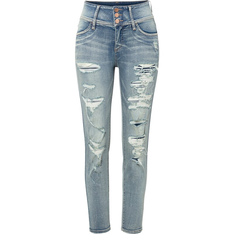 bonprix Skinny džínsy s vysokým pásom a vyšúchanými miestami, farba modrá