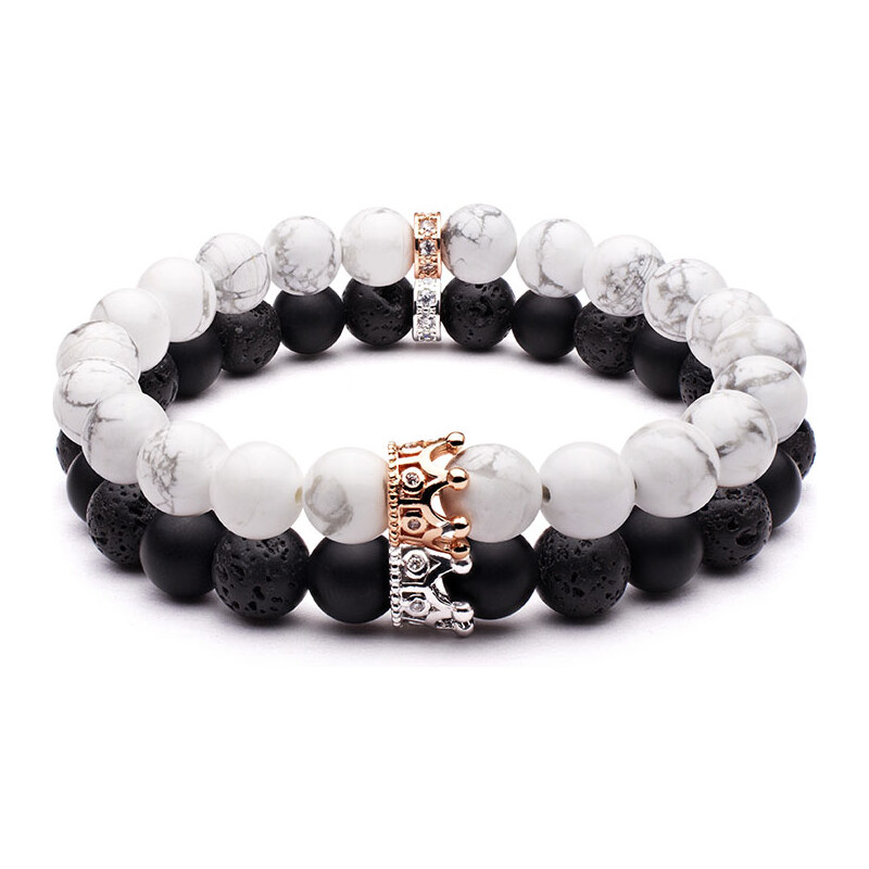 BudNej Náramky pre páry QUEEN CROWN z howlitu, onyxu a lávových 35942066