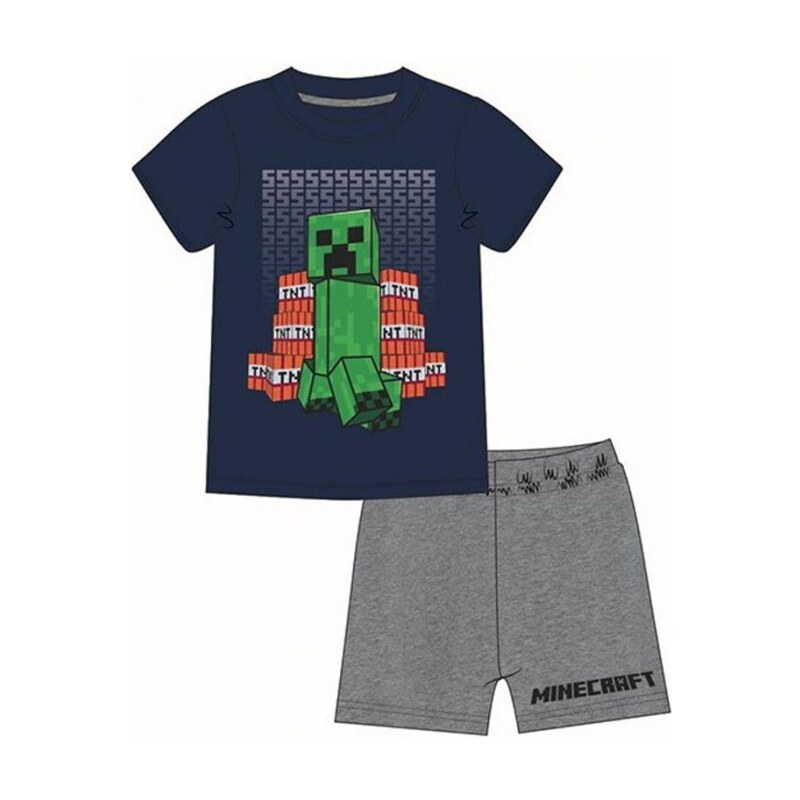 MOJANG official product Chlapčenské bavlnené letné pyžamo Minecraft Creeper TNT - tm. modré