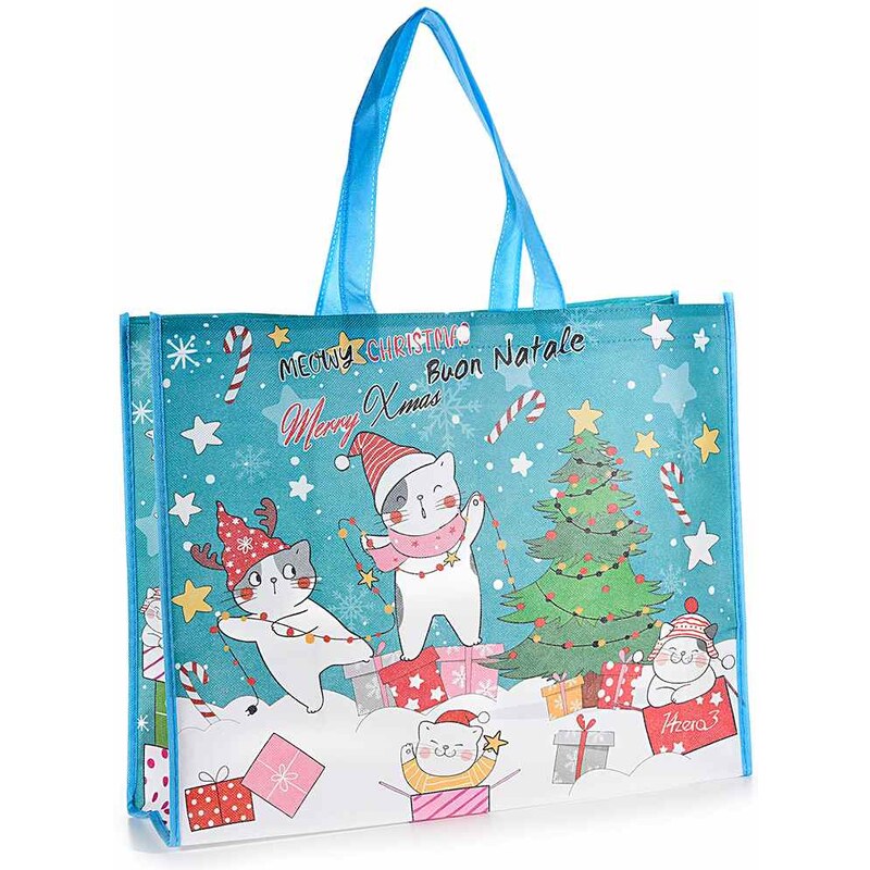 Vianočná nákupná / darčeková taška s mačkami - ružová, modrá