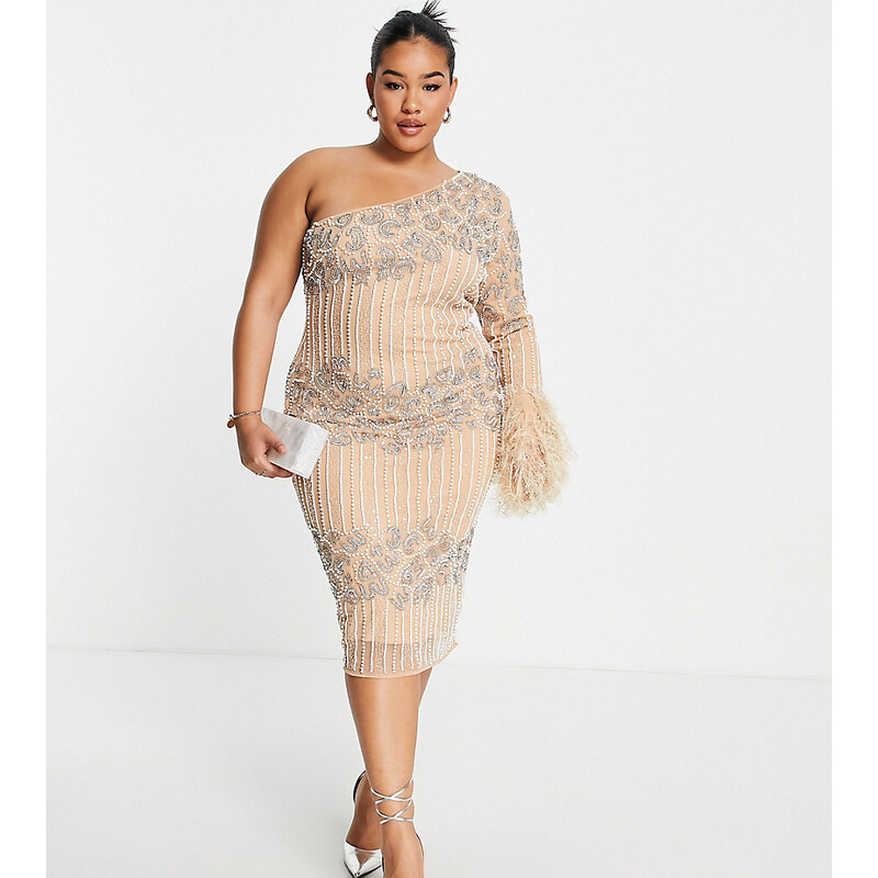 ASOS LUXE Curve one sleeve midi dress with embellishment and faux