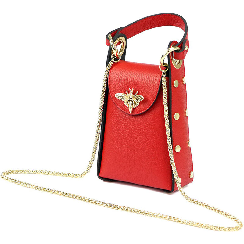 Luka Malá červená imidžová kožená kabelka do ruky s brošňou