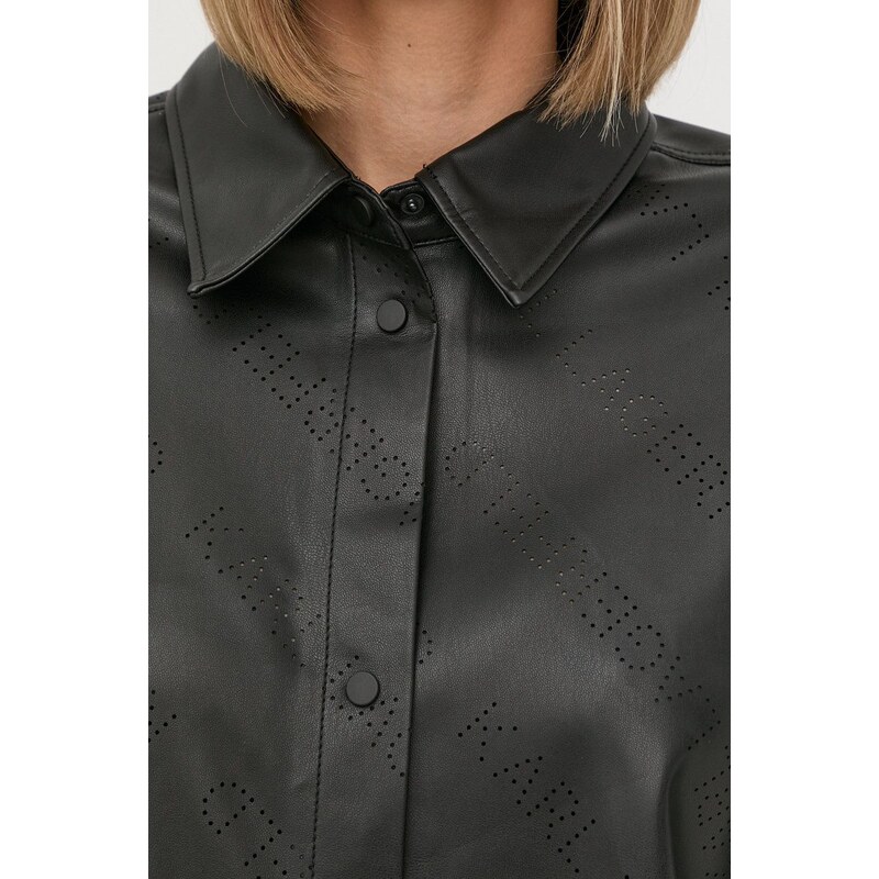 Košeľa Karl Lagerfeld dámska, čierna farba, voľný strih, s klasickým golierom