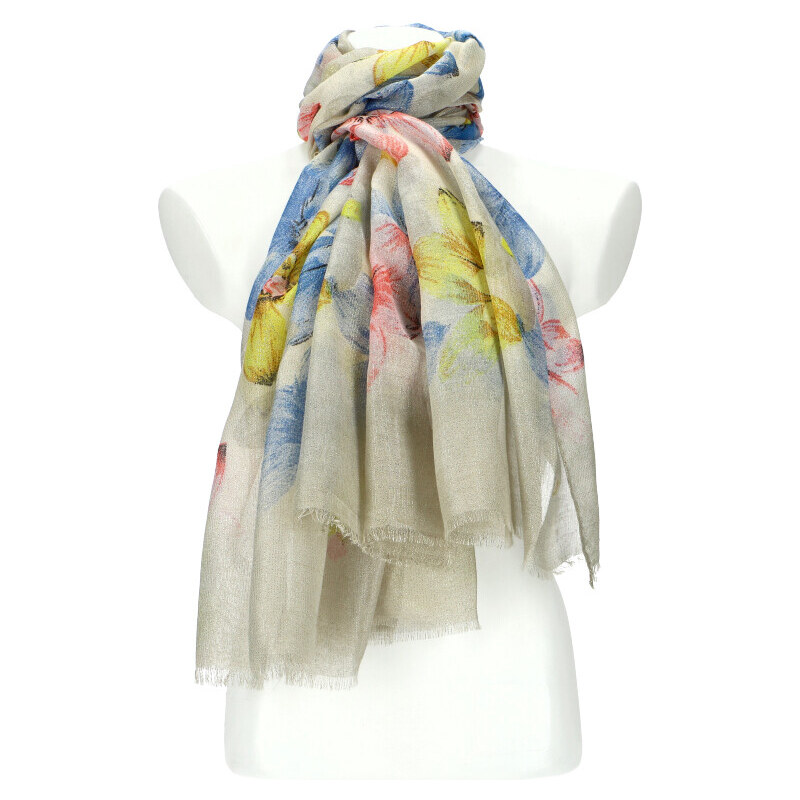 Cashmere Letná dámska šatka v motíve kvetov 190x90 cm béžová 32625326