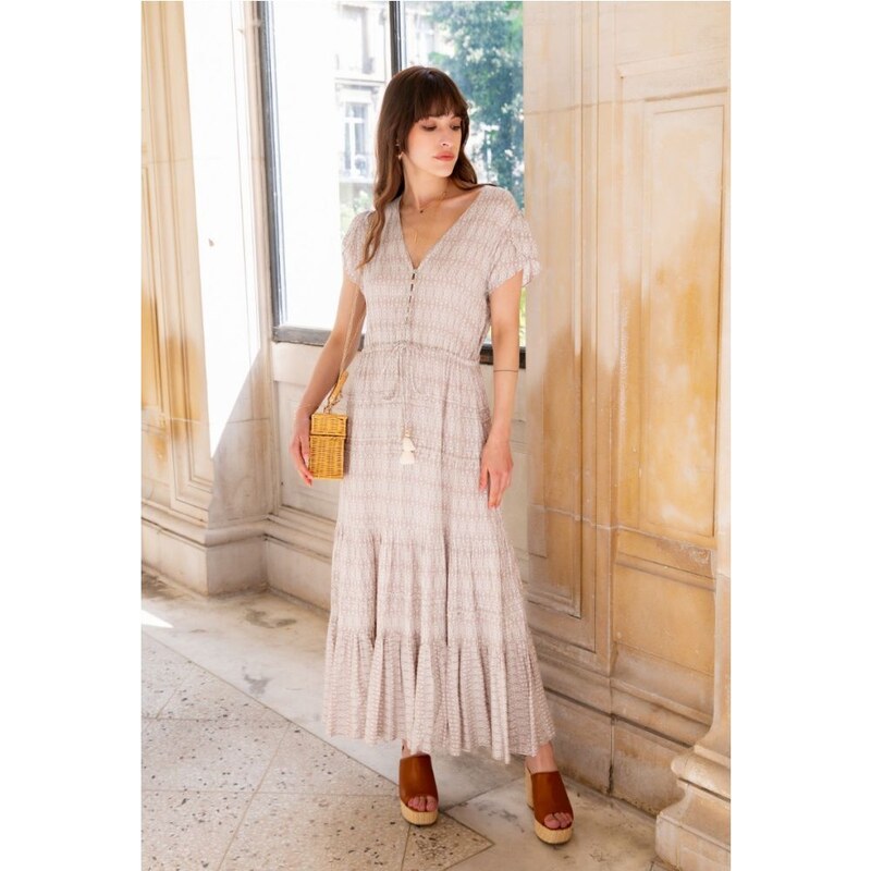 LAST QUEEN Béžové vzorované maxi šaty 32748725