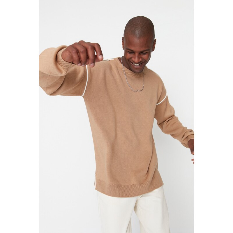 Trendyol Camel Oversize Sveter s Okrúhlym Výstrihom a Detailmi Pásikov 50544270