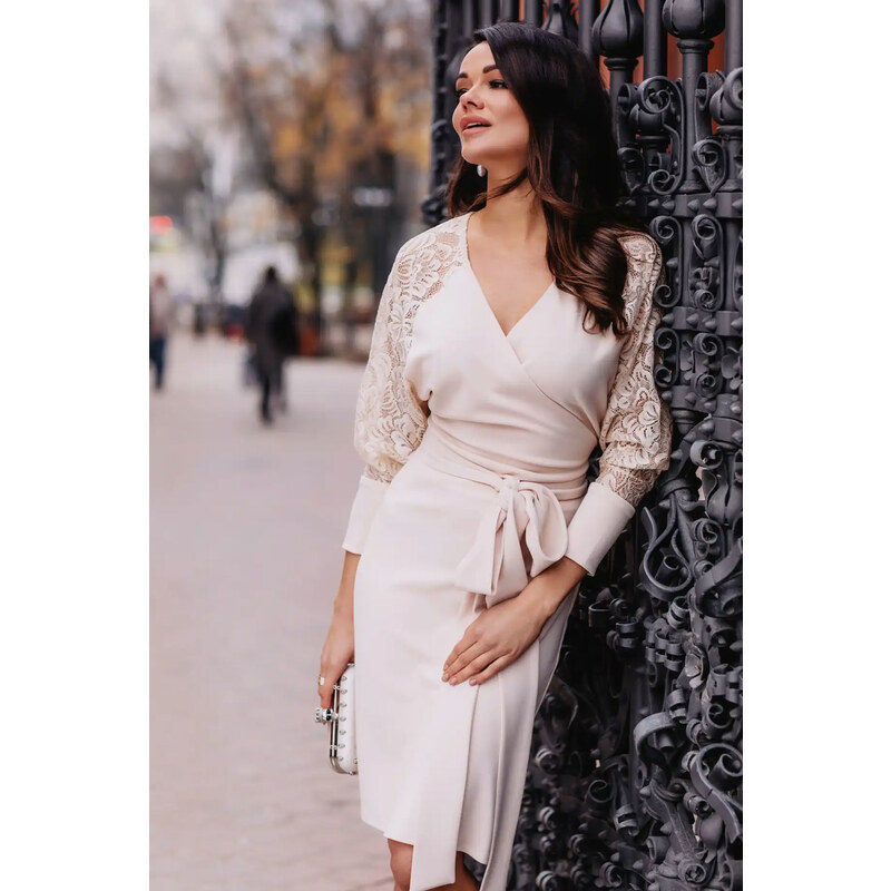 Glara Spoločenské šaty s čipkovými rukávmi 32904353