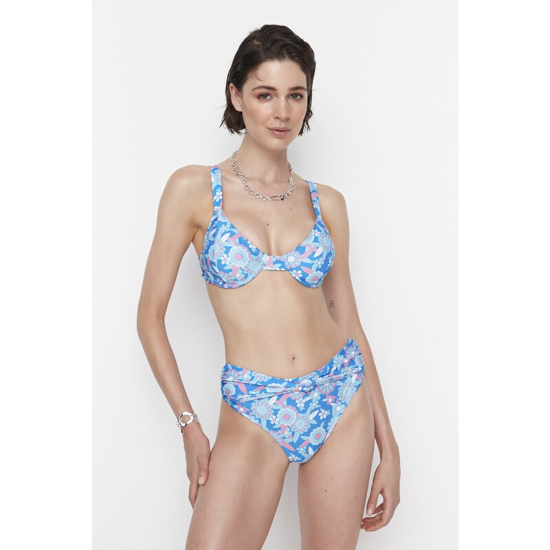 Trendyol Blue Floral Pattern High Waist Bikini Bottom 54997954