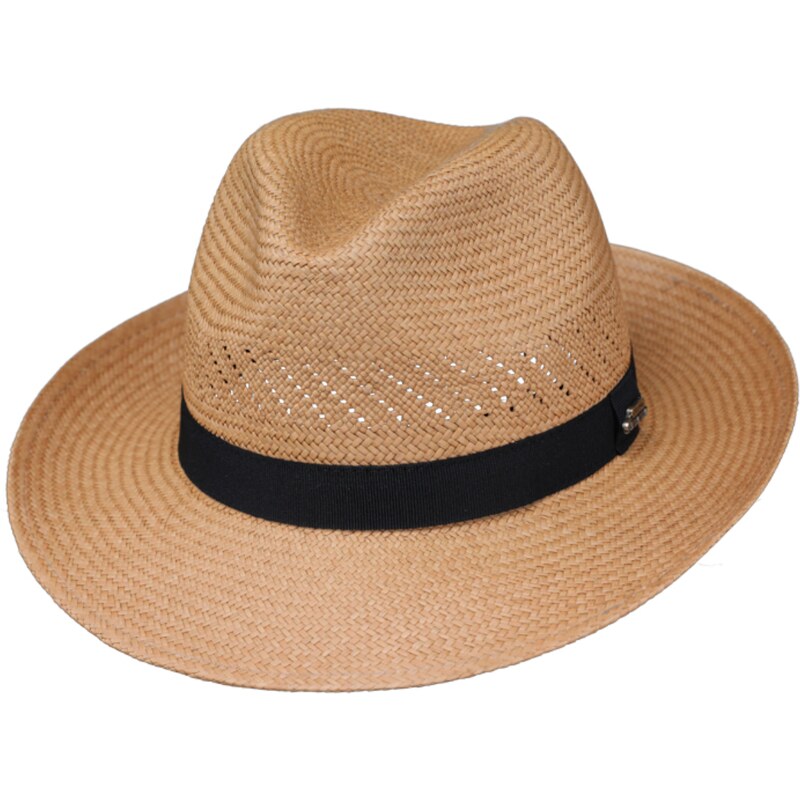 Fiebig - Headwear since 1903 Letný slamený klobúk Fedora - ručne pletený - s čiernou stuhou - Ekvádorská panama