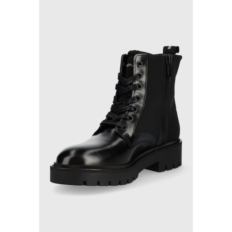Workery Calvin Klein Jeans Military Boot dámske, čierna farba, na plochom podpätku,