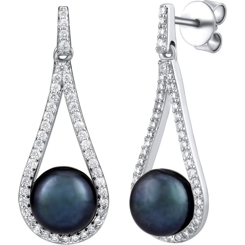 Ligot Strieborné náušnice s čiernou prírodnou perlou a čírymi zirkónmi 46720002