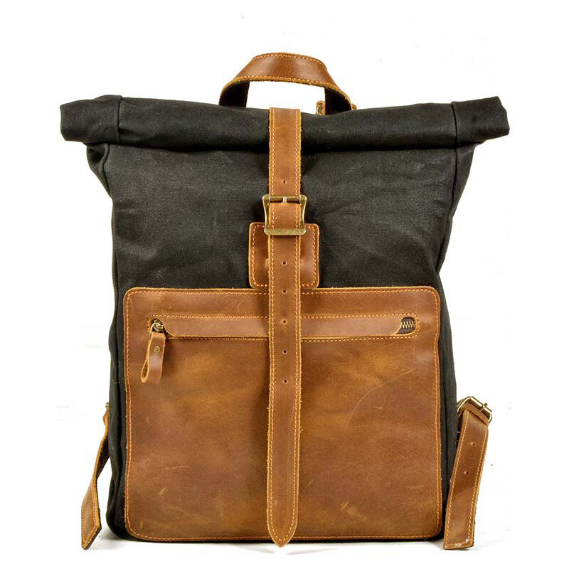 Glara Rolovací plátený batoh s koženými detailmi 36989016