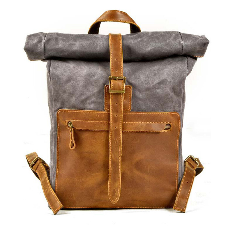 Glara Rolovací plátený batoh s koženými detailmi 36989019