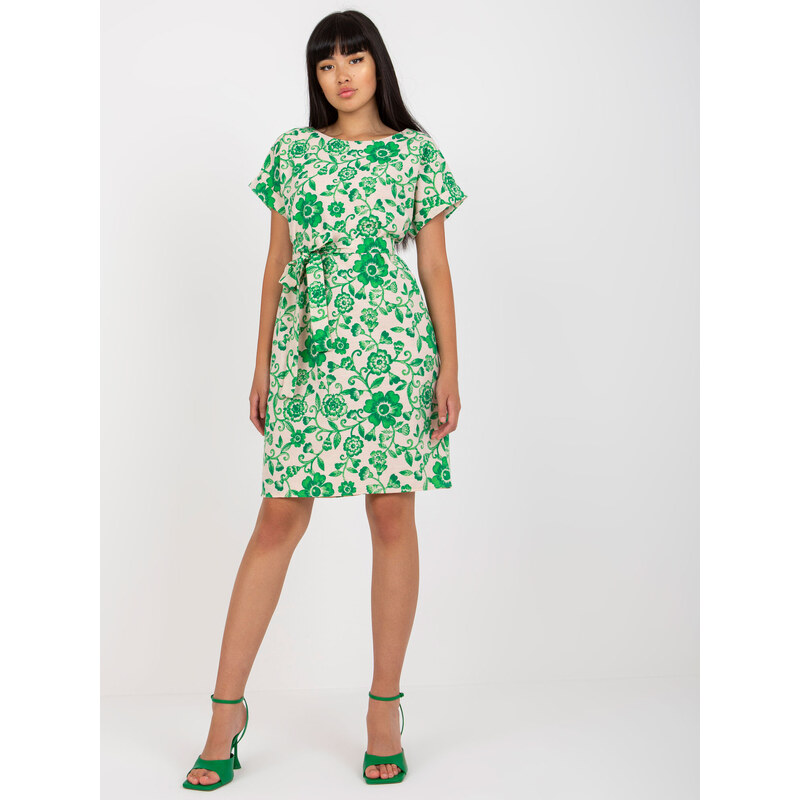 LAKERTA Béžové letné ľanové šaty so zeleným kvetinovým vzorom