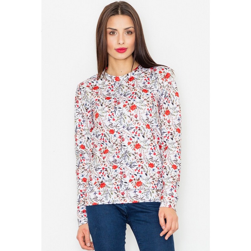 FIGL Dámska biela mikina s potlačou červených kvetín M541 Pattern 57 5717709