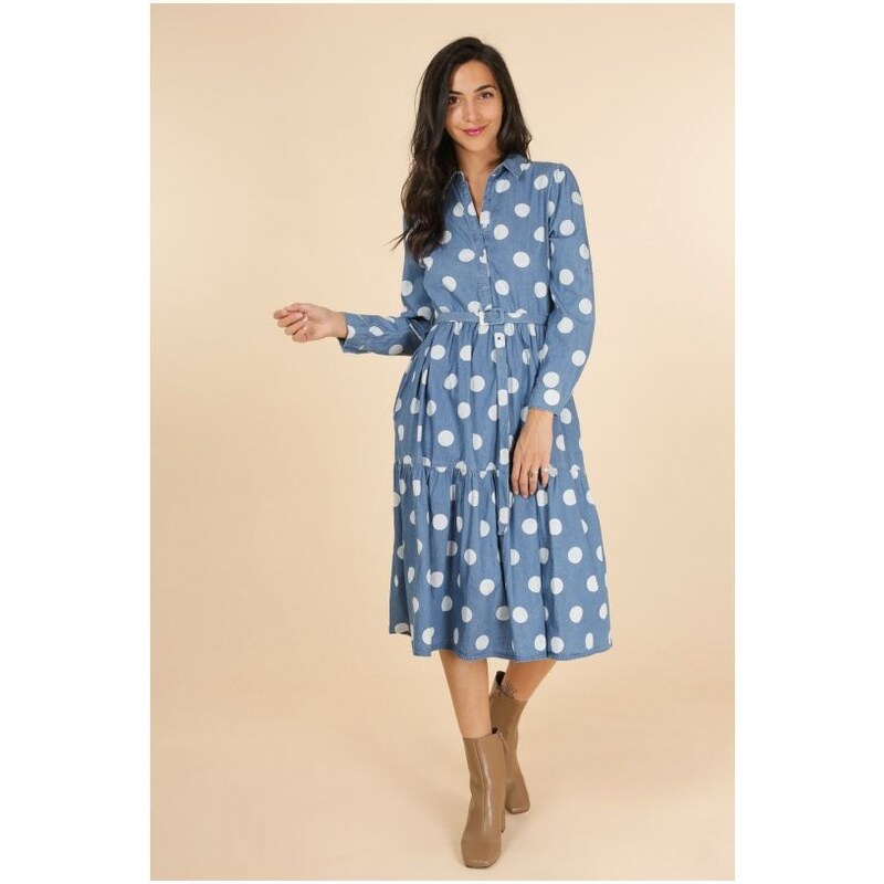 Modré košeľové midi šaty s bodkami 34661905