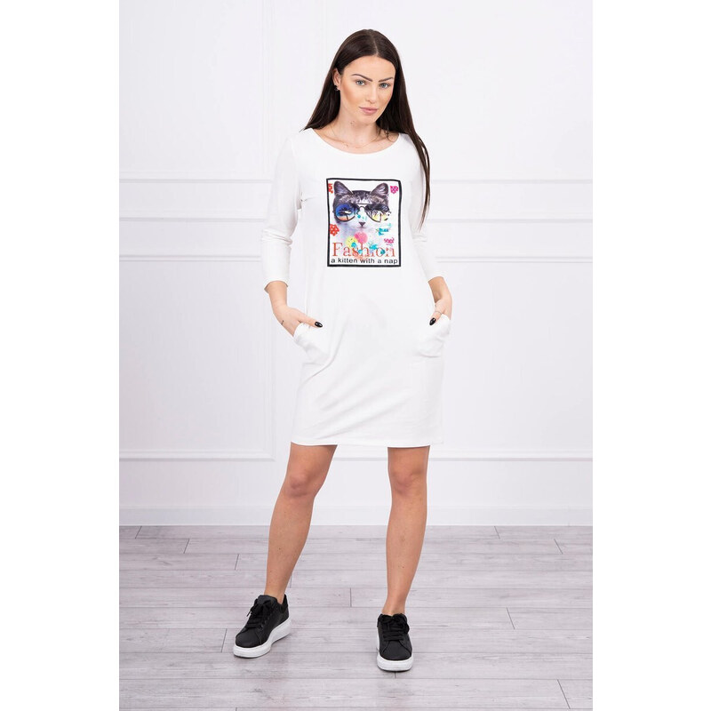 K-Fashion Šaty s 3D grafikou mačky ecru 49758626