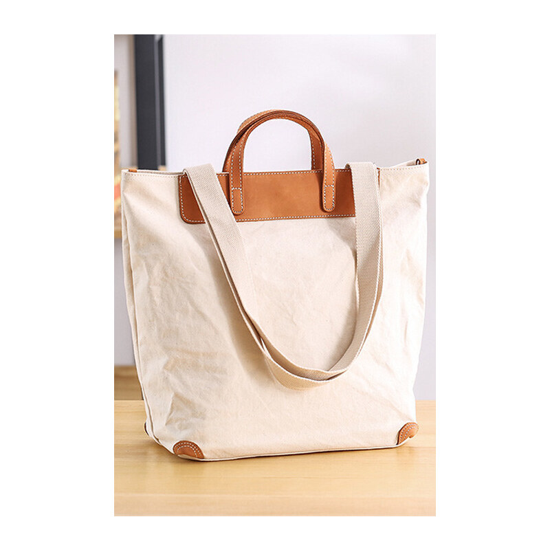 Glara Plátený retro shopper s koženými detailmi do ruky aj cez rameno 50717941