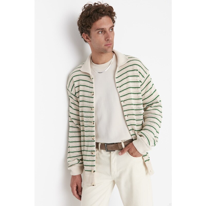 Trendyol Ecru Regular Fit Crochet Detailed Striped Knitwear Cardigan