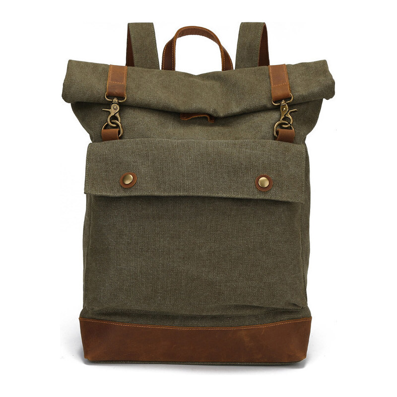 Glara Študentský plátený rolovací batoh s koženými detailmi 35452170