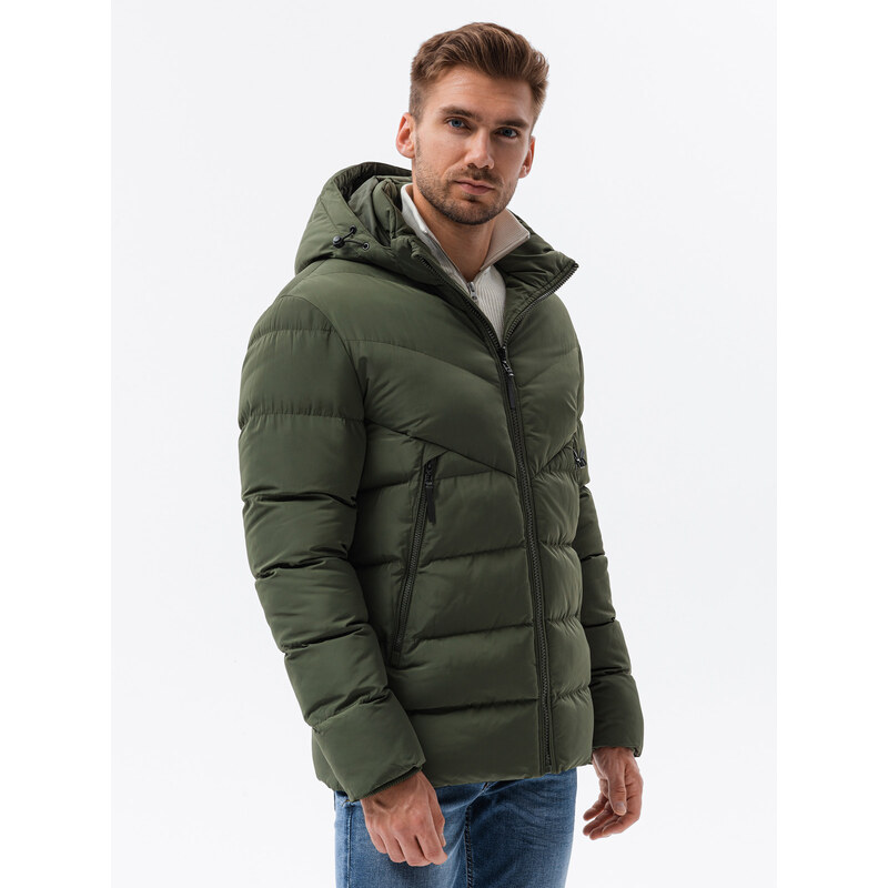 Ombre Clothing Pánska zimná bunda s neobvyklým prešívaním - tmavozelená V2 OM-JAHP-0127