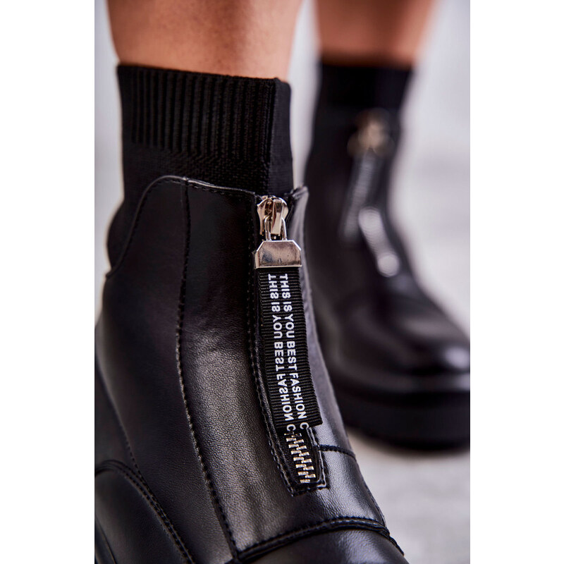 Basic Platformové čierne dámske kožené topánky na zips s ponožkovým zvrškom