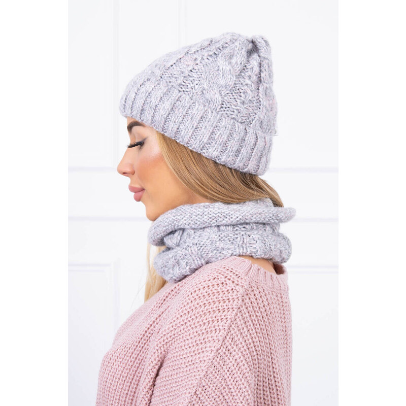 MladaModa Komplet - dámska čiapka + komín K153 šedý+pudrovo ružový 19855177