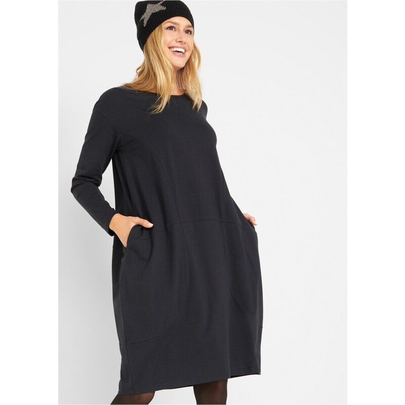 bonprix Bavlnené úpletové šaty, O strih, farba čierna 44789773