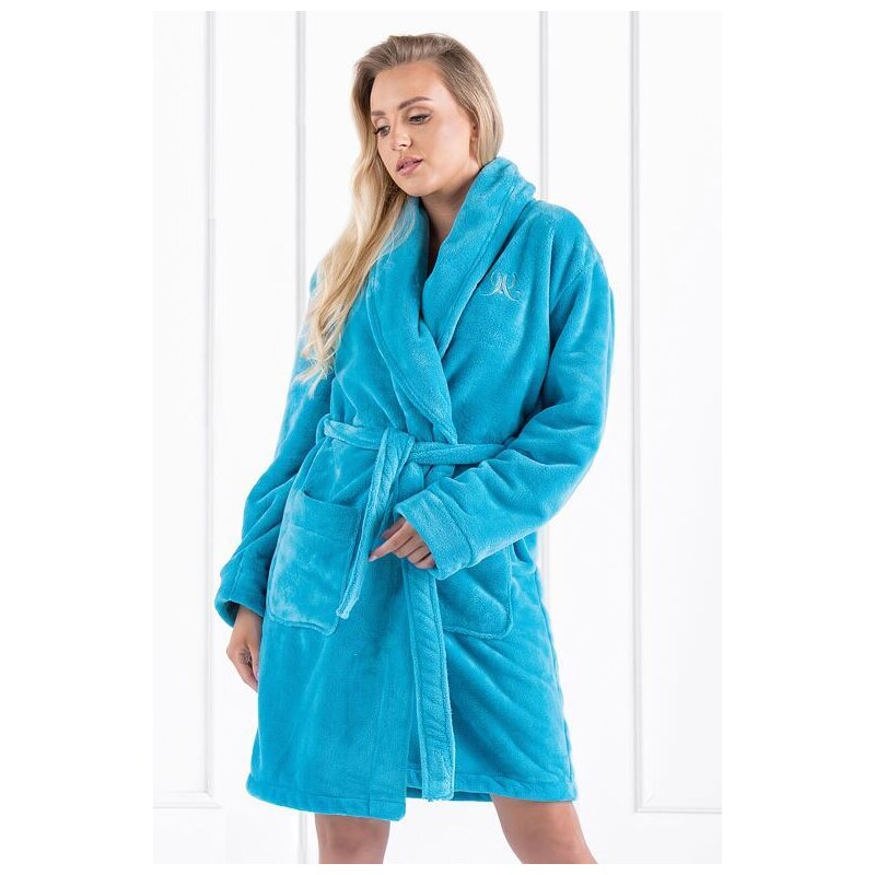 Momenti per me Huňatý župan Victoria tyrkysový s výšivkou 35764637