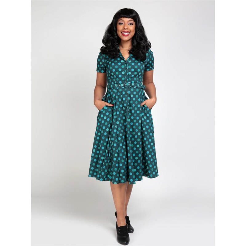 Collectif Caterina Zelené šaty s bodkami 35873133