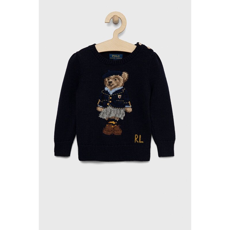 Detský sveter s prímesou vlny Polo Ralph Lauren tmavomodrá farba, tenký