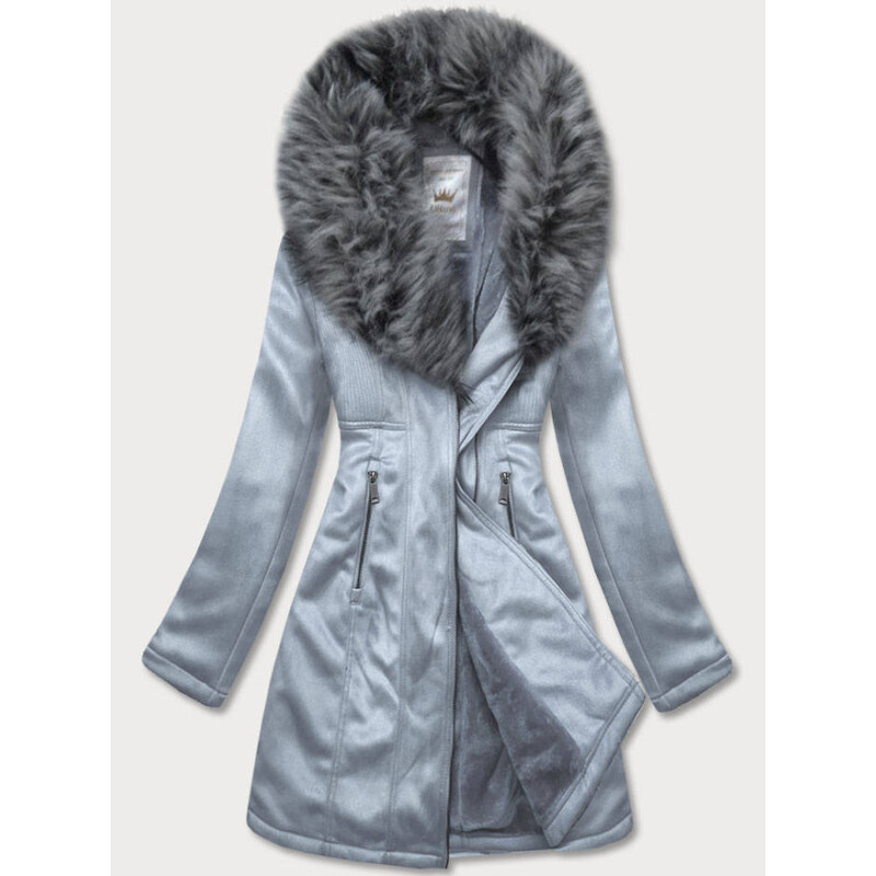venusamoda (veľ. 46) Semišový kabát s odnímateľným kožušinovým golierom sivý