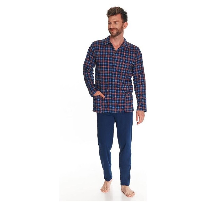 Taro Pánske pyžamo s gombíkmi Richard modré káro