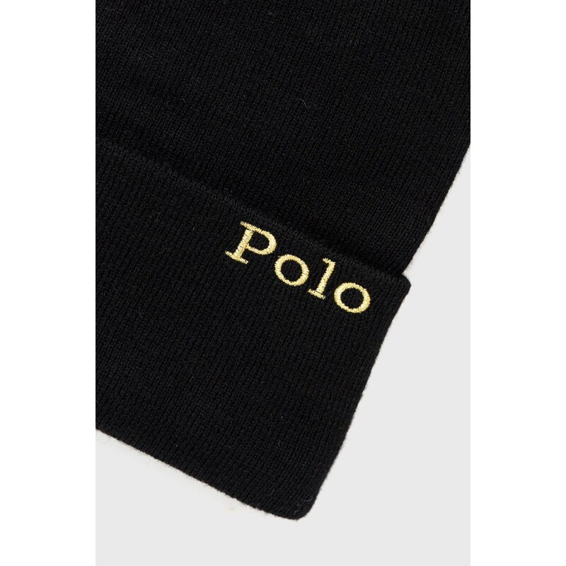 Čiapka s prímesou vlny Polo Ralph Lauren čierna farba, z hrubej pleteniny,