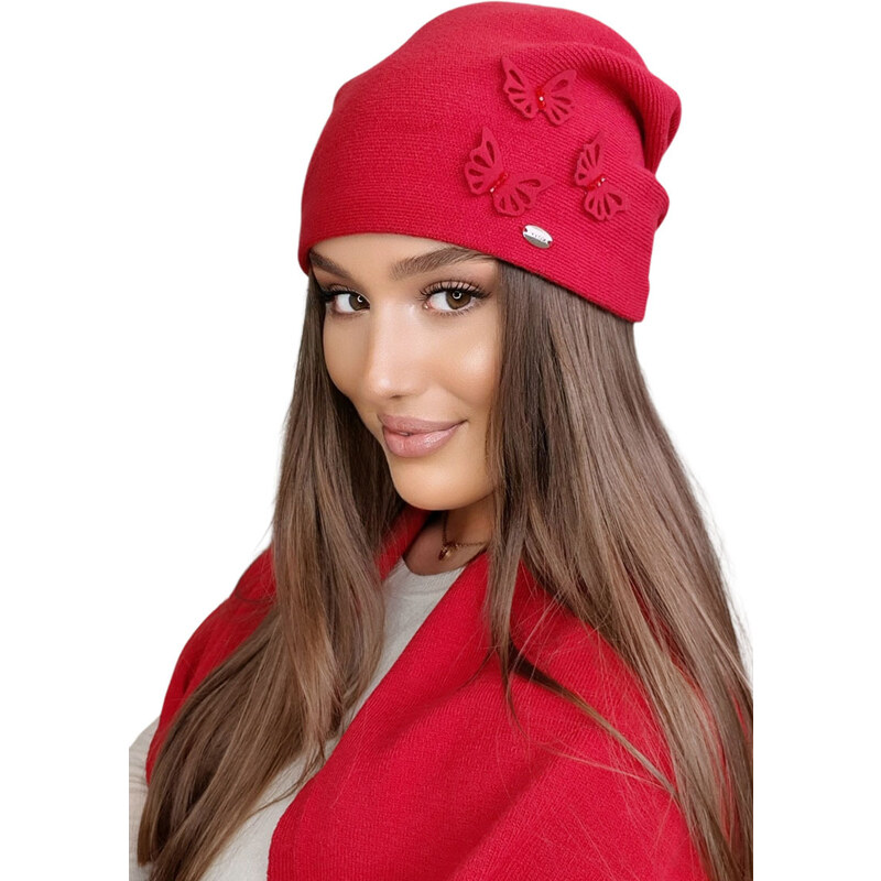 Kamea Červená elegantná dámska čiapka s motýlikmi Maram, Farba červená 66321668