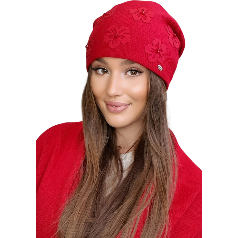 Kamea Červená dámska zimná čiapka s kvietkami Naila, Farba červená 36079987