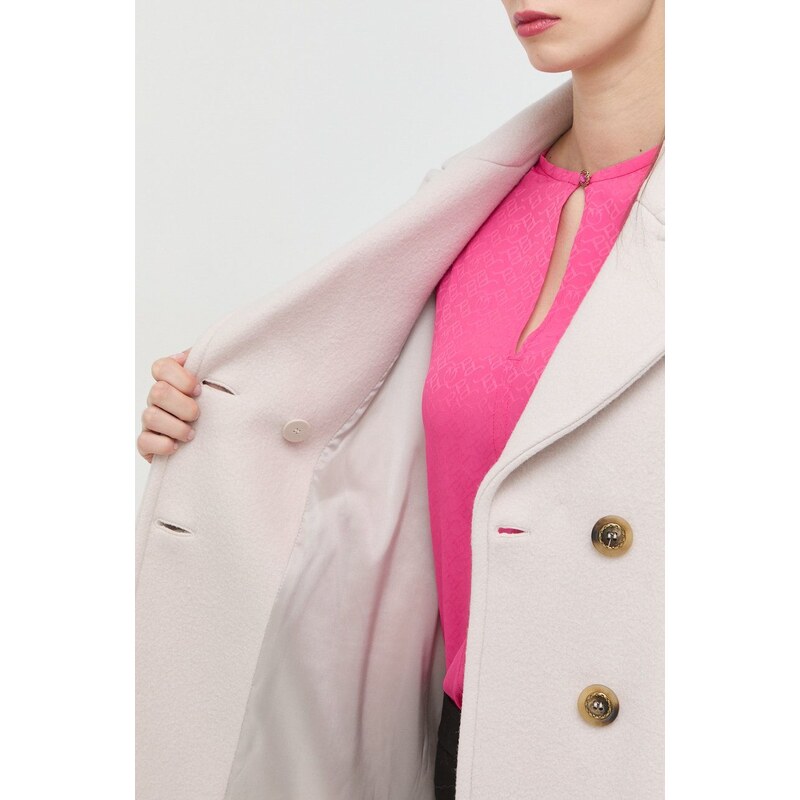 Vlnený kabát Pinko dámsky, šedá farba, prechodný, dvojradový