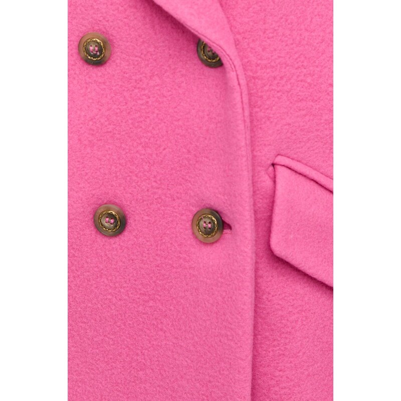Vlnený kabát Pinko dámsky, ružová farba, prechodný, dvojradový