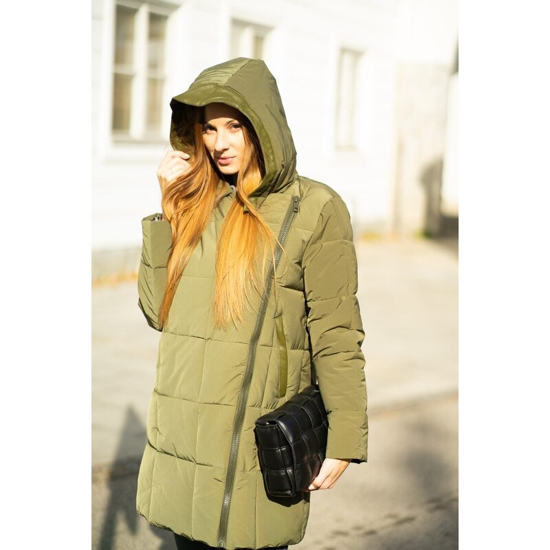 Due Linee Dámska zimná khaki bunda s koženkovými detailmi 27541721