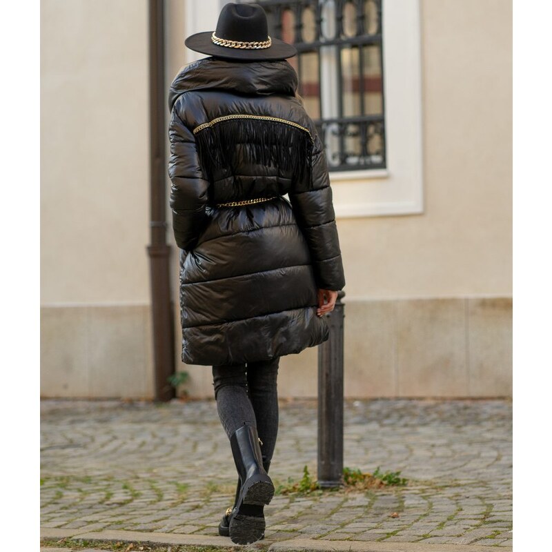 Due Linee Dámska bunda so zlatými retiazkami a strapcami čierna 27541982