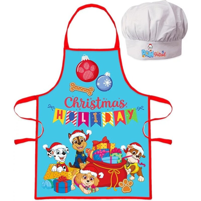 EUROSWAN Detská vianočná zástera s kuchárskou čiapkou Tlapková patrola - Paw Patrol - 2 diely - pre deti 3 - 8 rokov