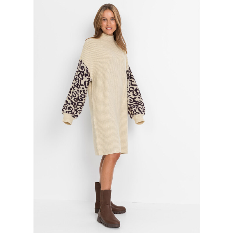 bonprix Pletené šaty s leopardím vzorom, farba béžová 45201218