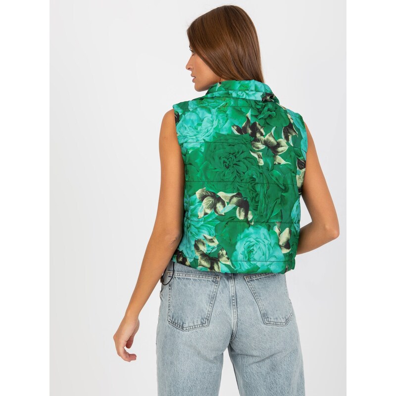 Basic Dámska tyrkysovo-zelená prešívaná vesta s kvetinami