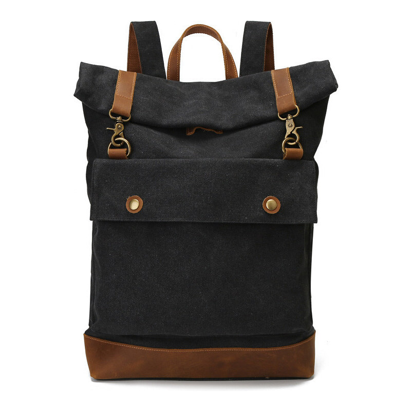 Glara Študentský plátený rolovací batoh s koženými detailmi 36519038