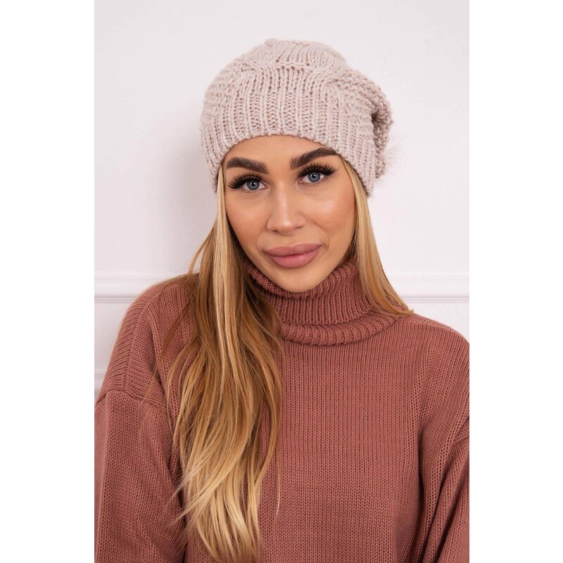 MladaModa Dámska čiapka s kožušinkovým brmbolcom K243 béžová 36492420