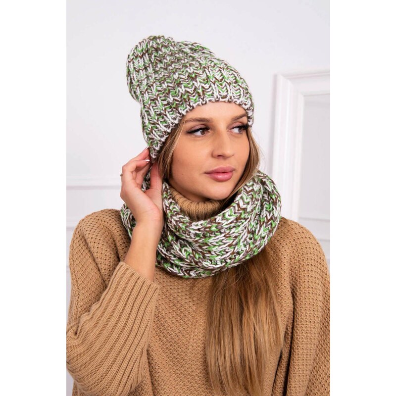 MladaModa Komplet - dámska čiapka + komín K269 zelený+hnedý 36578026