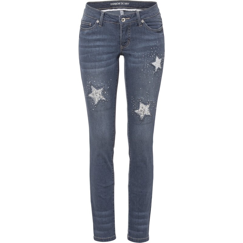 bonprix Skinny džínsy s hviezdovaným dizajnom, nízky pás, farba modrá 47656837